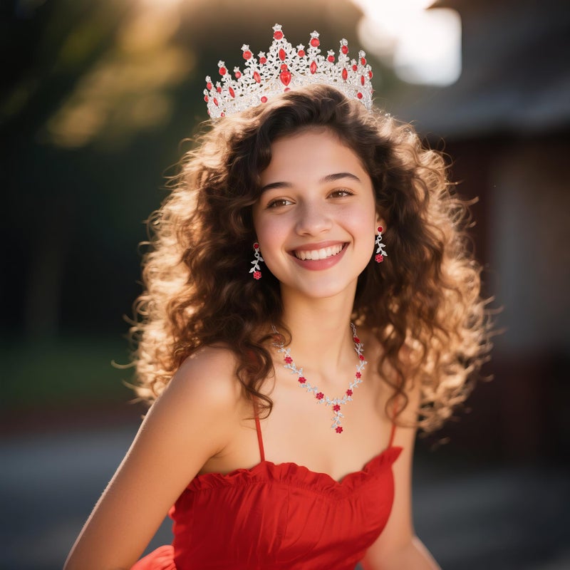 Kamirola Tiaras and Crowns for Women,Tiaras Earrings Necklace, Crystal Bridal Jewelry Set (TR48) age 36 months + (Silver Red) - Image 3