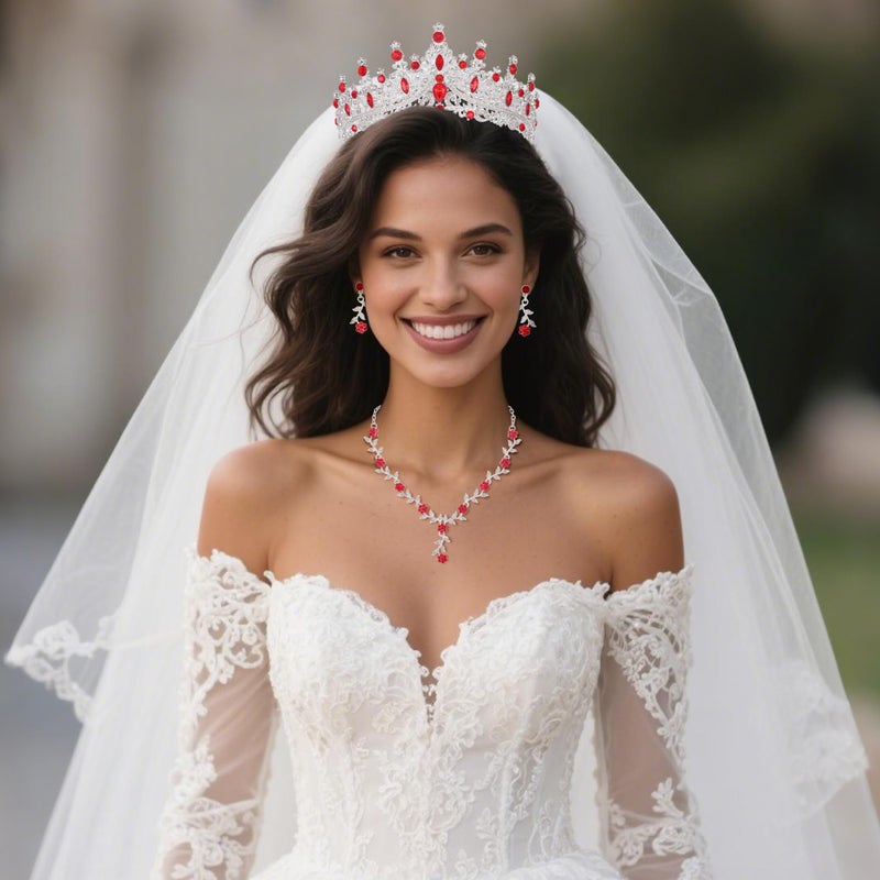 Kamirola Tiaras and Crowns for Women,Tiaras Earrings Necklace, Crystal Bridal Jewelry Set (TR48) age 36 months + (Silver Red) - Image 2