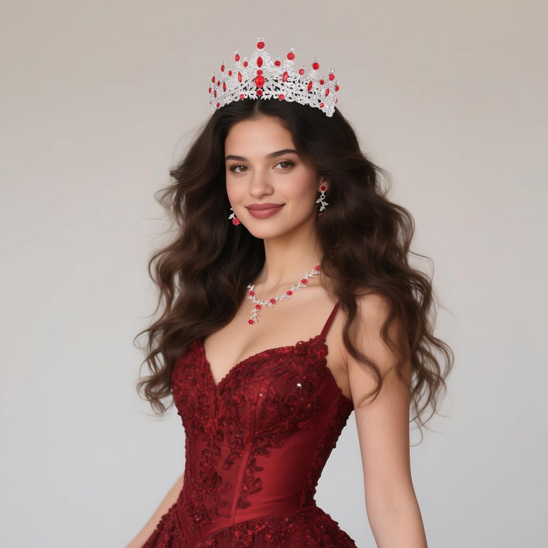 Kamirola Tiaras and Crowns for Women,Tiaras Earrings Necklace, Crystal Bridal Jewelry Set (TR48) age 36 months + (Silver Red) - Image 5