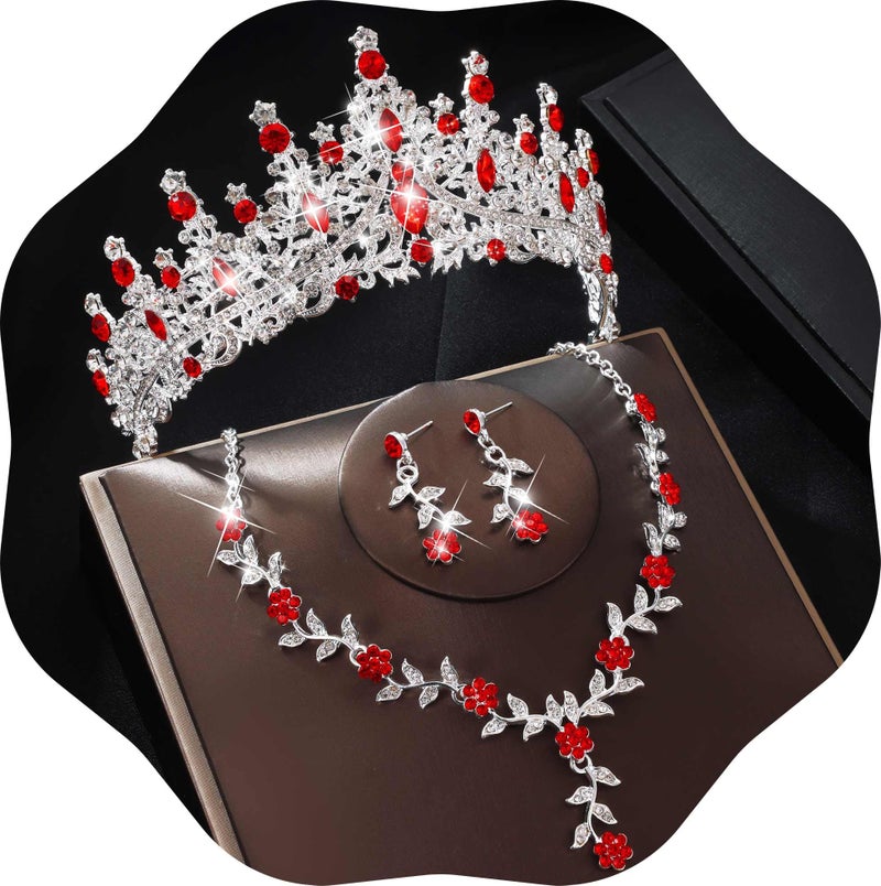 Kamirola Tiaras and Crowns for Women,Tiaras Earrings Necklace, Crystal Bridal Jewelry Set (TR48) age 36 months + (Silver Red) - Image 1