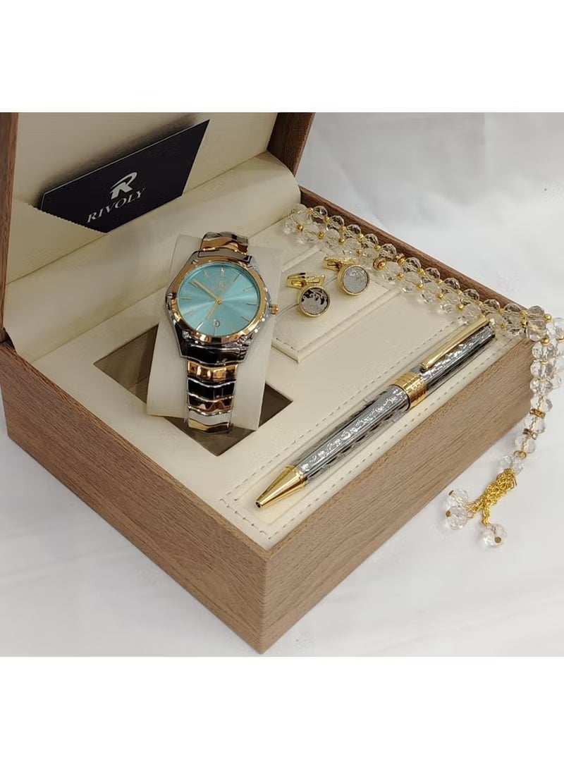 "Men's Luxury Stainless Steel Watch Gift Set with Pen, Cufflinks, and Elegant Tasbih"