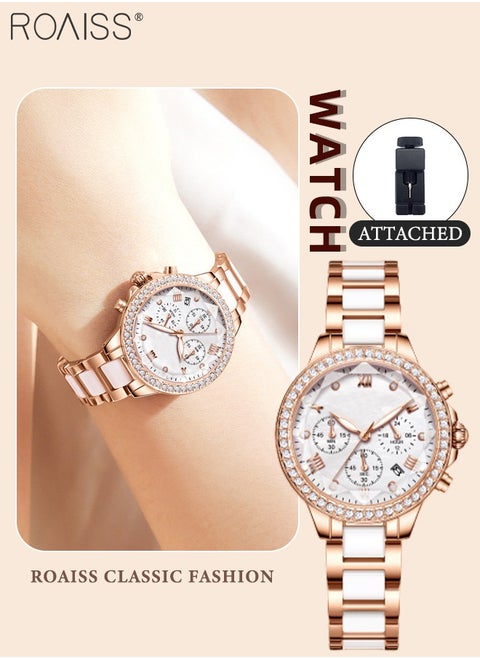 Women's Ceramic Band Chronograph Quartz Watch Round Dial with Diamonds Decoration and Date Display Waterproof Luminous Luxurious Wristwatch as Gift for Ladies
