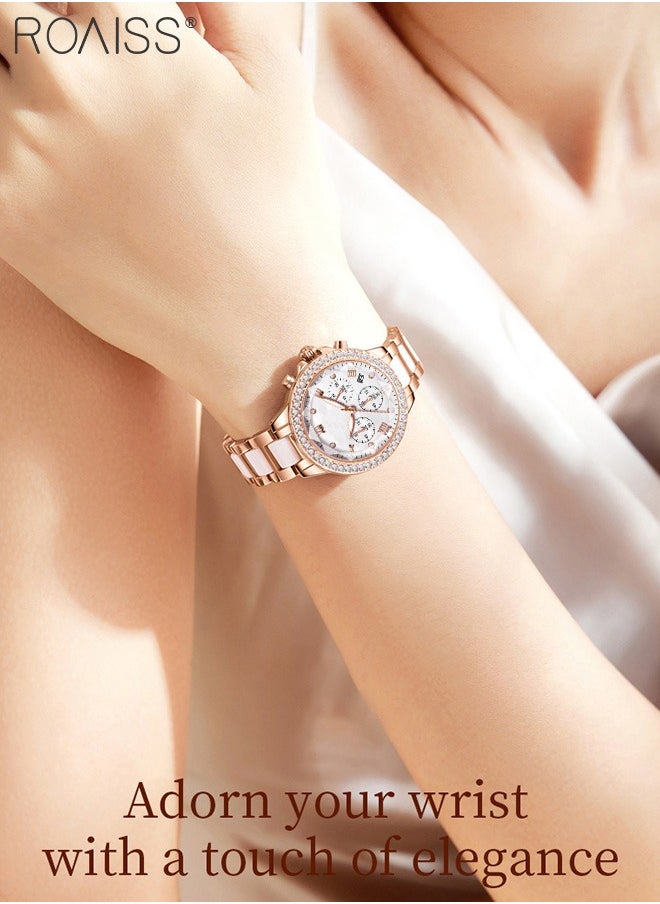 roaiss - Women's Ceramic Band Chronograph Quartz Watch Round Dial with Diamonds Decoration and Date Display Waterproof Luminous Luxurious Wristwatch as Gift for Ladies - Image 1