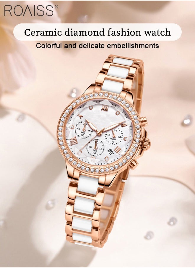 roaiss - Women's Ceramic Band Chronograph Quartz Watch Round Dial with Diamonds Decoration and Date Display Waterproof Luminous Luxurious Wristwatch as Gift for Ladies - Image 1