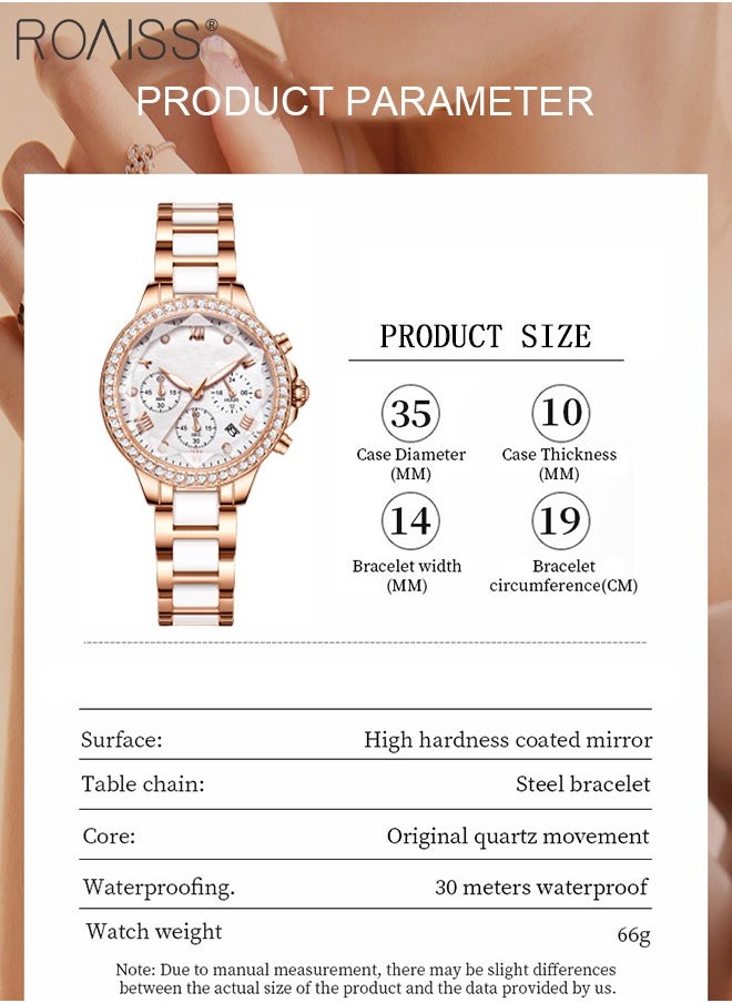 roaiss - Women's Ceramic Band Chronograph Quartz Watch Round Dial with Diamonds Decoration and Date Display Waterproof Luminous Luxurious Wristwatch as Gift for Ladies - Image 1
