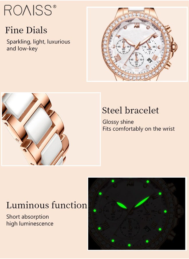 roaiss - Women's Ceramic Band Chronograph Quartz Watch Round Dial with Diamonds Decoration and Date Display Waterproof Luminous Luxurious Wristwatch as Gift for Ladies - Image 1