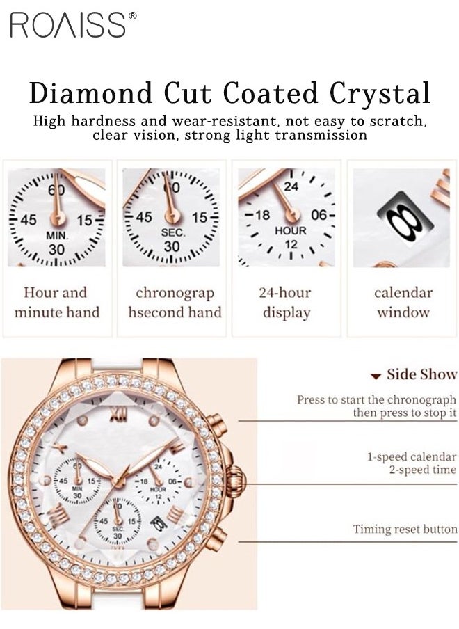 roaiss - Women's Ceramic Band Chronograph Quartz Watch Round Dial with Diamonds Decoration and Date Display Waterproof Luminous Luxurious Wristwatch as Gift for Ladies - Image 1