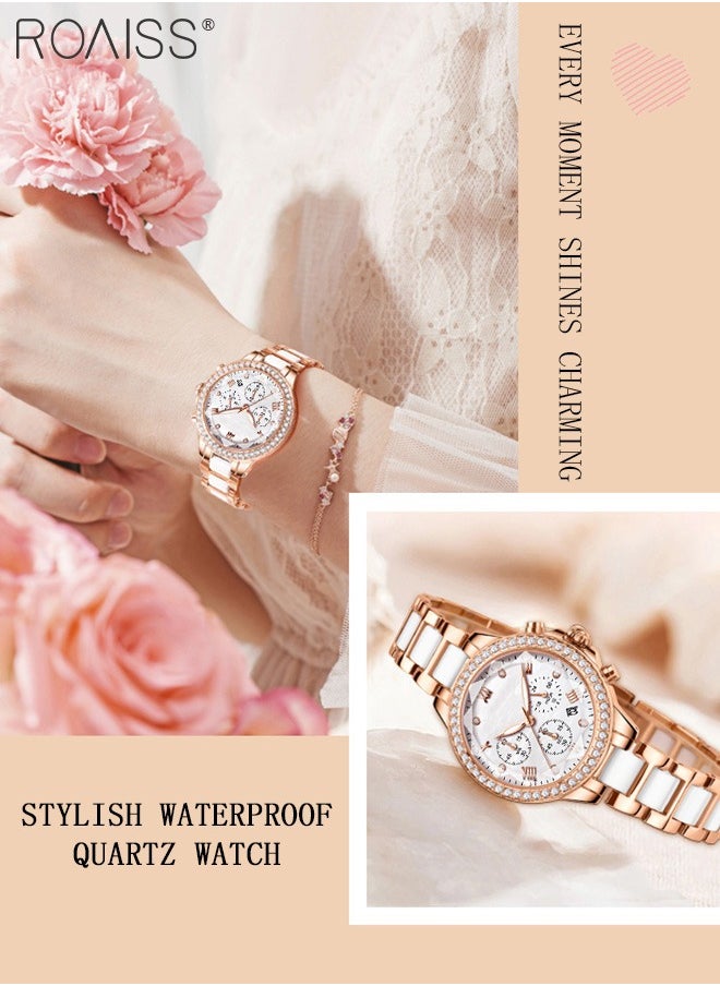 roaiss - Women's Ceramic Band Chronograph Quartz Watch Round Dial with Diamonds Decoration and Date Display Waterproof Luminous Luxurious Wristwatch as Gift for Ladies - Image 1