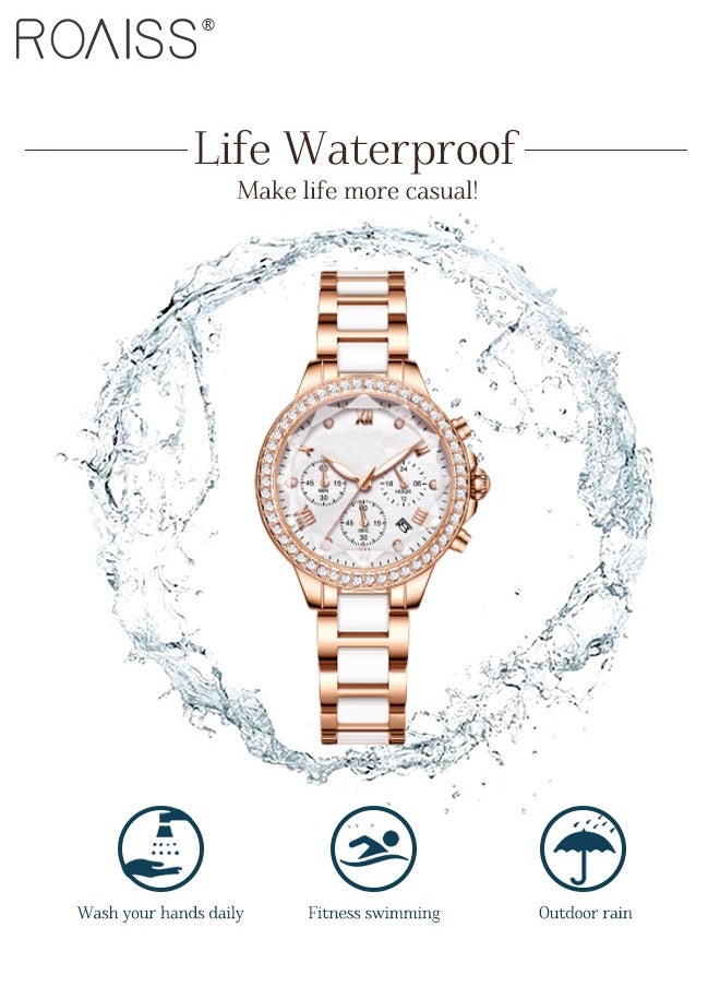 roaiss - Women's Ceramic Band Chronograph Quartz Watch Round Dial with Diamonds Decoration and Date Display Waterproof Luminous Luxurious Wristwatch as Gift for Ladies - Image 1