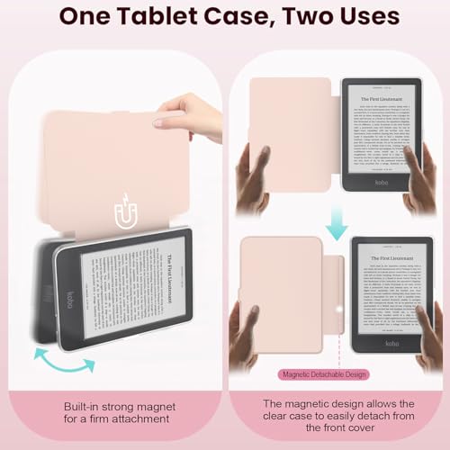 E NET-CASE Detachable Magnetic Case for 6" Kobo Clara Colour (2024) /Clara BW (2024) /2E (2022) eReader, Ultra Clear Back Scratch-Proof Light丨Easy to Detach & Attach丨Auto Sleep/Wake (Love Pink) - Image 3