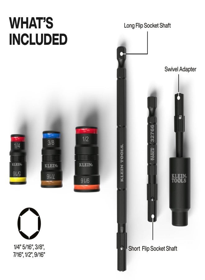 Klein Tools 32984 Impact Flip Socket Set with Swivel Adapter, 6-Piece, 25-Degree Swivel Head, SAE Hex Sizes, Nut Driving, Impact-Rated - Image 2