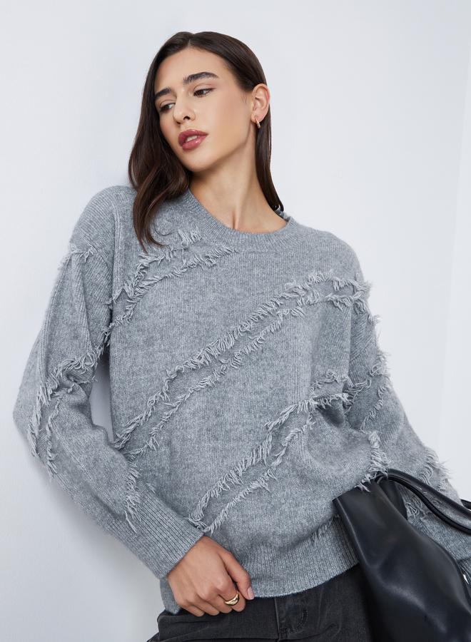 Take Two Grey Fringe Detail Knit Sweater - Image 1
