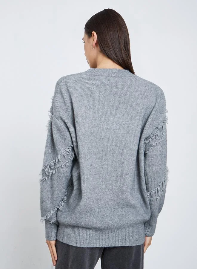 Take Two Take Two Grey Fringe Detail Knit Sweater