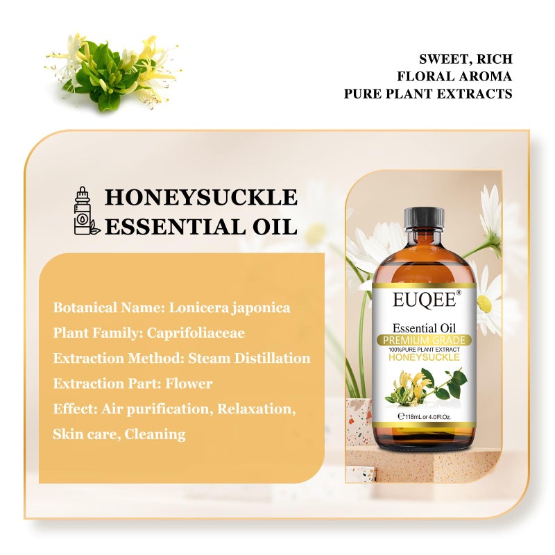 EUQEE Honeysuckle Essential Oil 118ml Pure Honeysuckle Oil Premium Essential Oil - with Glass Dropper Great for Diffuser, DIY Soap, Candle Making - 4Fl. OZ - Image 2