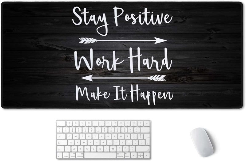 SSOIU Extended Gaming Mouse Pad (35.5x15.7 in), Stay Positive Work Hard and Make It Happen Inspirational Quotes Art Rustic Black Old Wood White Quote Large Stable Rubber Base Mousepad with Stitched Edges - Image 1