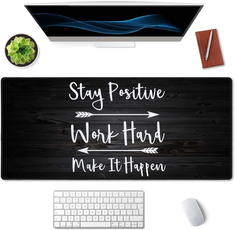 SSOIU Extended Gaming Mouse Pad (35.5x15.7 in), Stay Positive Work Hard and Make It Happen Inspirational Quotes Art Rustic Black Old Wood White Quote Large Stable Rubber Base Mousepad with Stitched Edges - Image 3