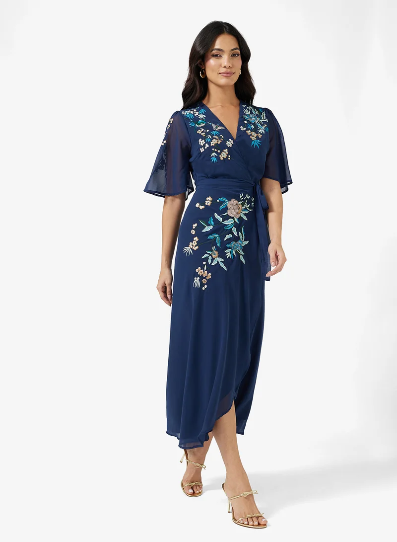Hope & Ivy Embroidered Flutter Sleeve  Tie Waist Detail Wrap Maxi Dress