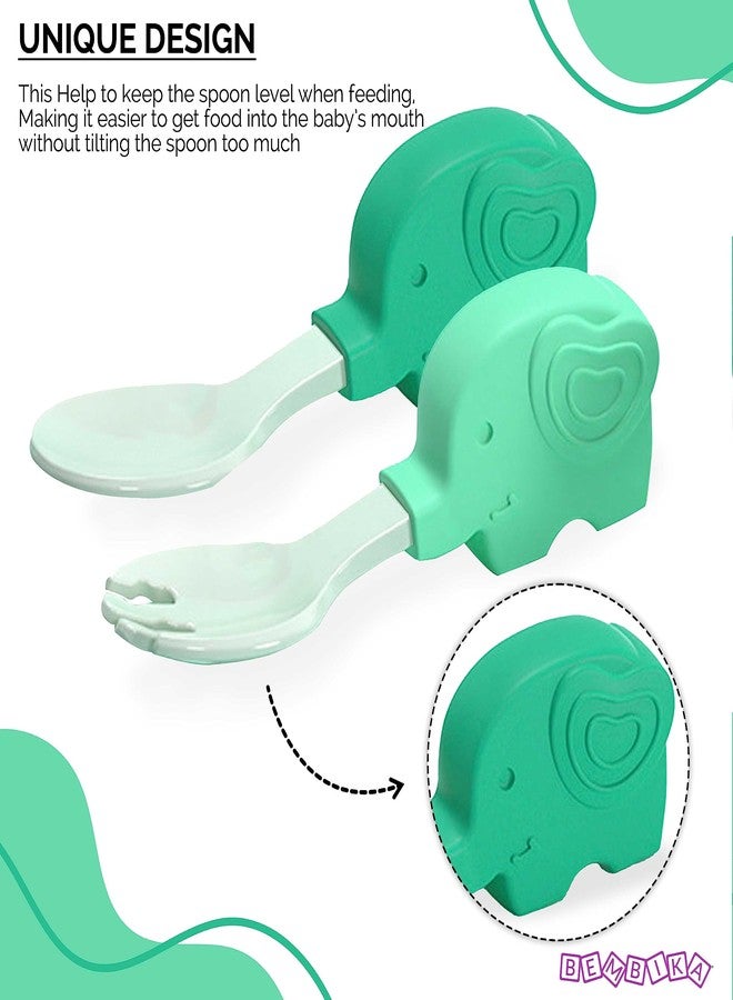 Bembika Baby Training Spoon Elephant Shape Spoon, Baby Silicone Training Spoon for Baby, Baby Spoon and Fork Set, Baby Spoon Feeding (Green). - Image 3
