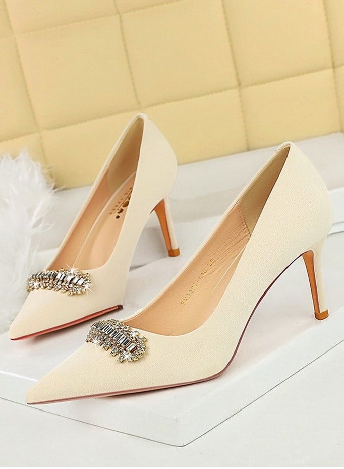 BIGTREE Women's Closed Pointed Toe High Heels Rhinestone Decoration Stiletto Pumps Cream White 7CM - Image 1