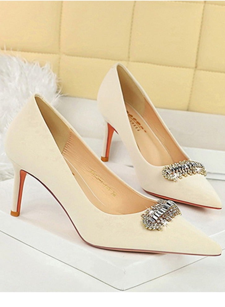 BIGTREE Women's Closed Pointed Toe High Heels Rhinestone Decoration Stiletto Pumps Cream White 7CM - Image 2