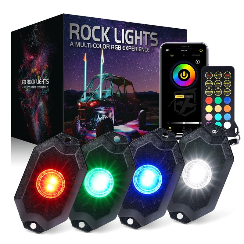 Xprite RGBW LED Rock Lights Kit with Bluetooth  Wireless Remote Controller Multicolor Cars Underglow Wheel Footwell Neon Light Kits for OffRoad UTV ATV Trucks SUV Motorcycle Boats  4 Pods