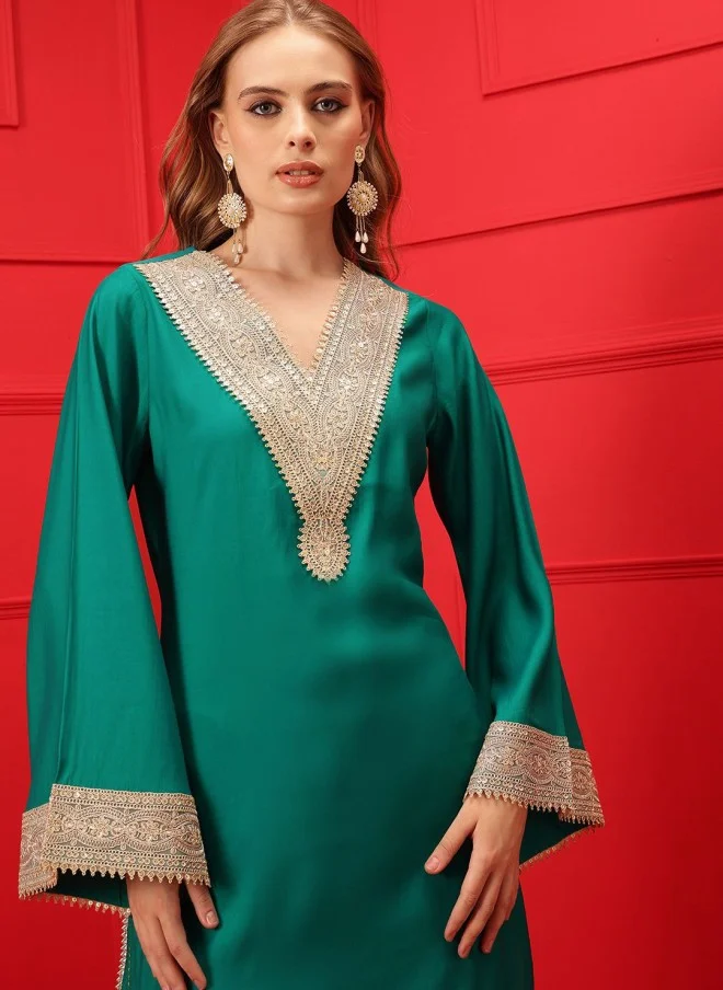 Indo Street Silk Blend V-Neck Kurta With Trousers For Women