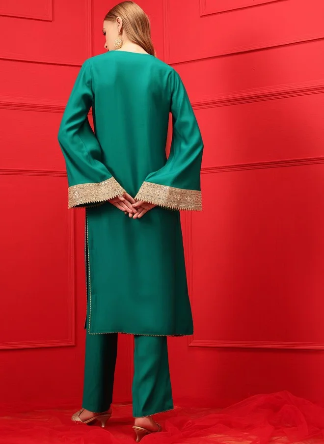 Indo Street Silk Blend V-Neck Kurta With Trousers For Women