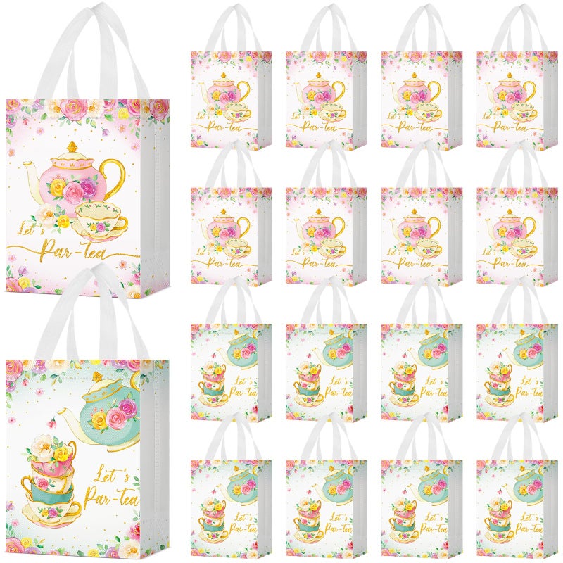 Locmeo 24 Pcs Tea Party Favor Bags With Handles Reusable Non Woven Tea Party Goodie Bags Pink Green Candy Treat Gift Bag For Girl Boy Birthday Tea Party Supplies  8 X 4 X 10 Inch - Image 1
