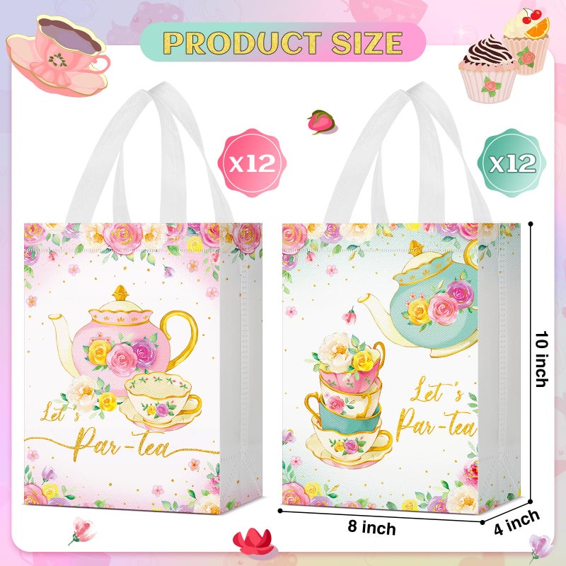Locmeo 24 Pcs Tea Party Favor Bags With Handles Reusable Non Woven Tea Party Goodie Bags Pink Green Candy Treat Gift Bag For Girl Boy Birthday Tea Party Supplies  8 X 4 X 10 Inch - Image 2