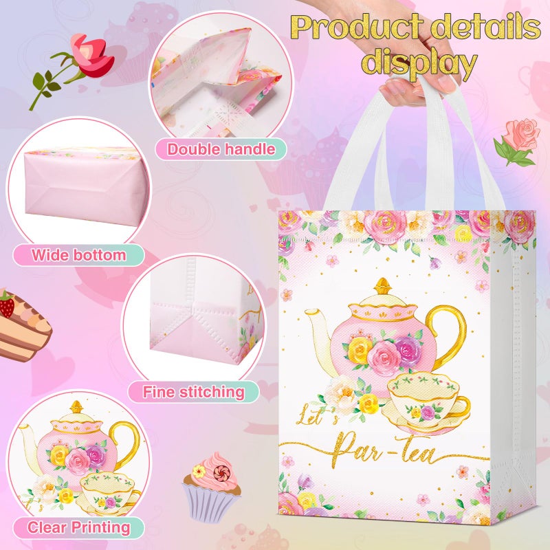 Locmeo 24 Pcs Tea Party Favor Bags With Handles Reusable Non Woven Tea Party Goodie Bags Pink Green Candy Treat Gift Bag For Girl Boy Birthday Tea Party Supplies  8 X 4 X 10 Inch - Image 4