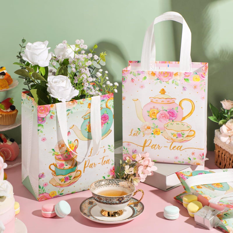 Locmeo 24 Pcs Tea Party Favor Bags With Handles Reusable Non Woven Tea Party Goodie Bags Pink Green Candy Treat Gift Bag For Girl Boy Birthday Tea Party Supplies  8 X 4 X 10 Inch - Image 3