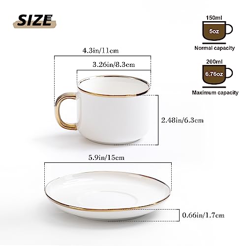 Agyiuns Tea Cups and Saucers with Gold Trim, 6.76 Ounce White Porcelain Tea Set & Coffee Cups for Latte, Cafe Mocha, Tea-Set of 4,Porcelain Mugs for Kitchen or Cafe(white and gold) - Image 4