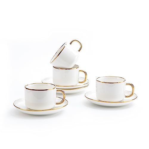 Agyiuns Tea Cups and Saucers with Gold Trim, 6.76 Ounce White Porcelain Tea Set & Coffee Cups for Latte, Cafe Mocha, Tea-Set of 4,Porcelain Mugs for Kitchen or Cafe(white and gold) - Image 1