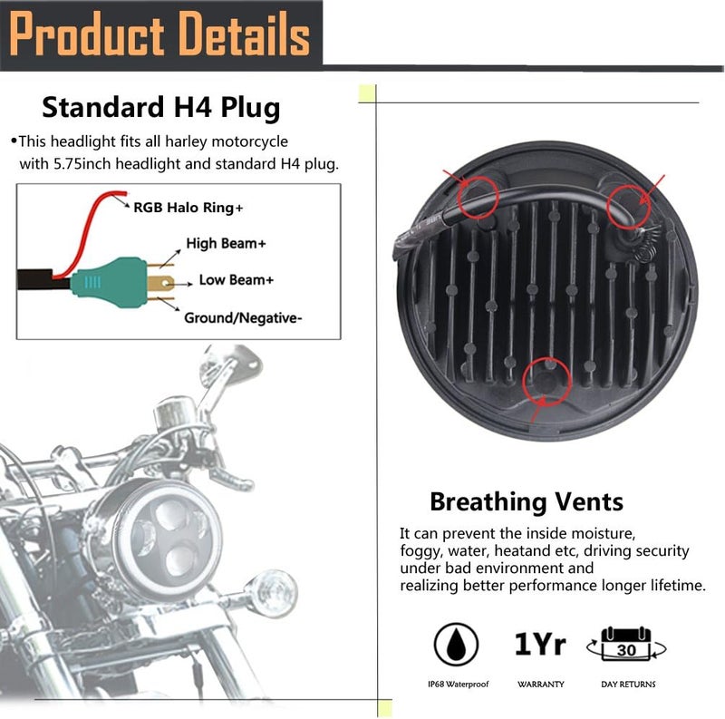 ROCCS Chrome 5.75" LED Motorcycle Headlight, 5-3/4 Multicolor Headlamp with For Har-ley Dyna Sportster Softail Street Bob Iron 883 72 48 - Image 5