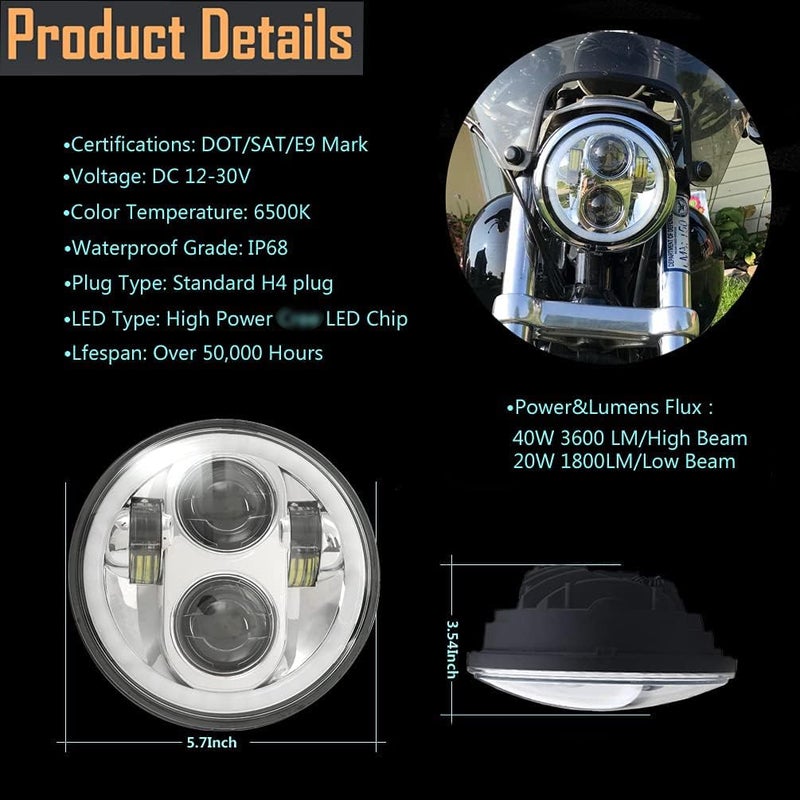 ROCCS Chrome 5.75" LED Motorcycle Headlight, 5-3/4 Multicolor Headlamp with For Har-ley Dyna Sportster Softail Street Bob Iron 883 72 48 - Image 3