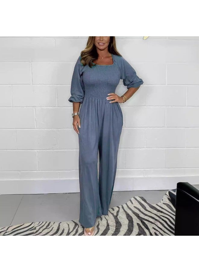 Square Collar Comfortable Casual Elastic Waist Wide Leg Jumpsuit