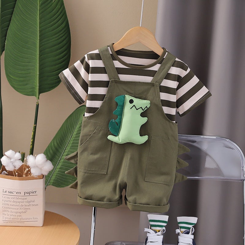 2024 Summer Boys and Girls Baby Striped Strap Short Sleeve Cute Three-dimensional Dinosaur Cartoon Children Summer Two-piece Set Green 