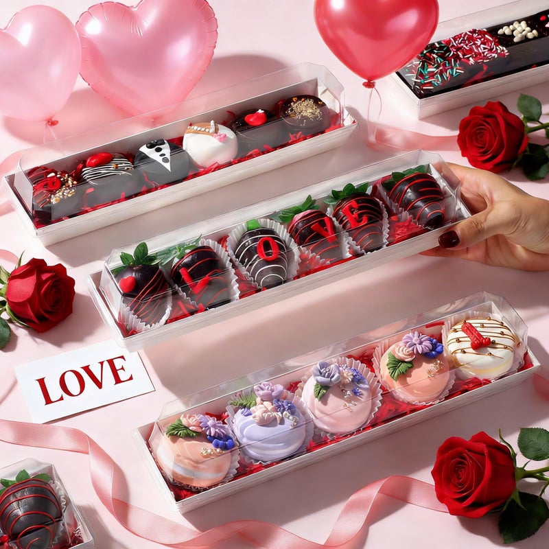 JCXGRVC 50 Pack 12 x 2.8 x 2.4 Inches Chocolate Covered Strawberries Boxes Macaron Boxes with Clear Lids 12 Inches Long Bakery boxes with Window for Chocolate truffle Cocoa Bombs,Cookies - Image 4