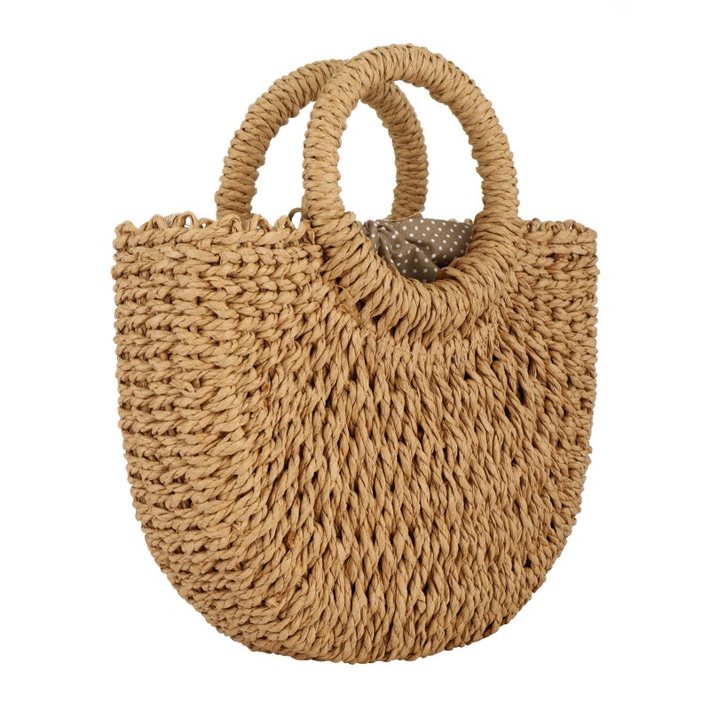 EROUGE Brown Rattan Handmade Straw Tote Handbag Beach Shoulder Bag Summer Beach Rattan Bag Straw Bag (9.06 x 3.35 x 7.87 inches) - Image 5