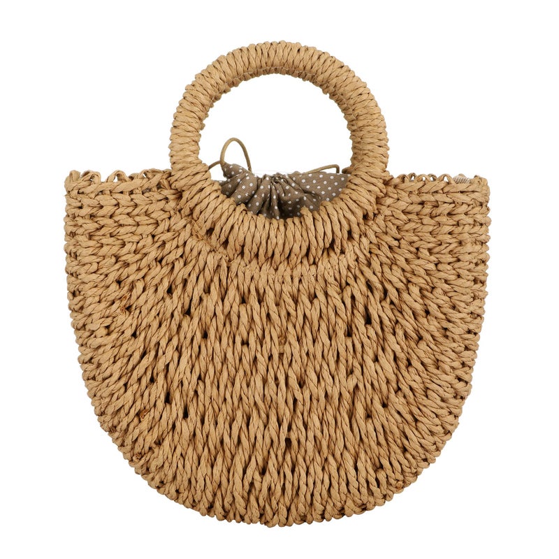 EROUGE Brown Rattan Handmade Straw Tote Handbag Beach Shoulder Bag Summer Beach Rattan Bag Straw Bag (9.06 x 3.35 x 7.87 inches) - Image 4