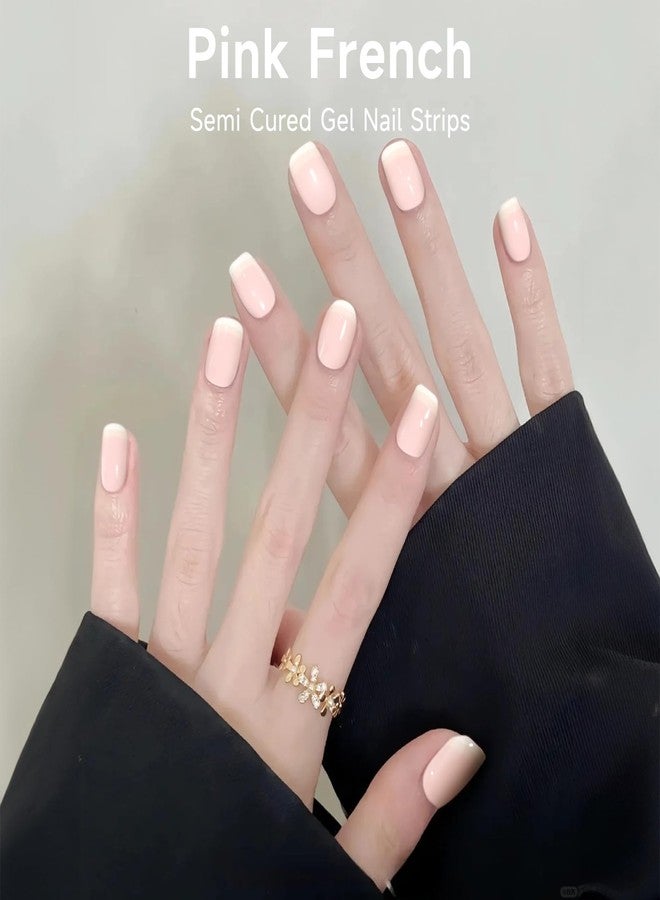 DUKASOU Semi Cured Gel Nail Strips, 28 pcs UV Gel Nail Stickers Full Nails Wraps for Women Home DIY Nails Art, UV Light Required(Pink French) - Image 2