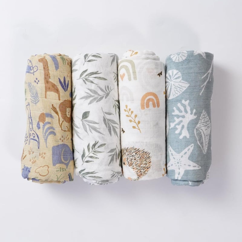 CoolaPeach 4 Set Muslin Swaddle Blankets for Newborn Baby Boys, Girls,Receiving Blankets-Cute Soft Print Baby Towel Wrap 120x110cm Baby (Animal) - Image 2