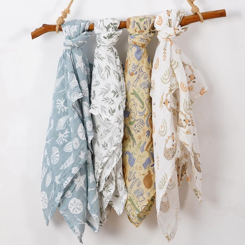 CoolaPeach 4 Set Muslin Swaddle Blankets for Newborn Baby Boys, Girls,Receiving Blankets-Cute Soft Print Baby Towel Wrap 120x110cm Baby (Animal) - Image 4