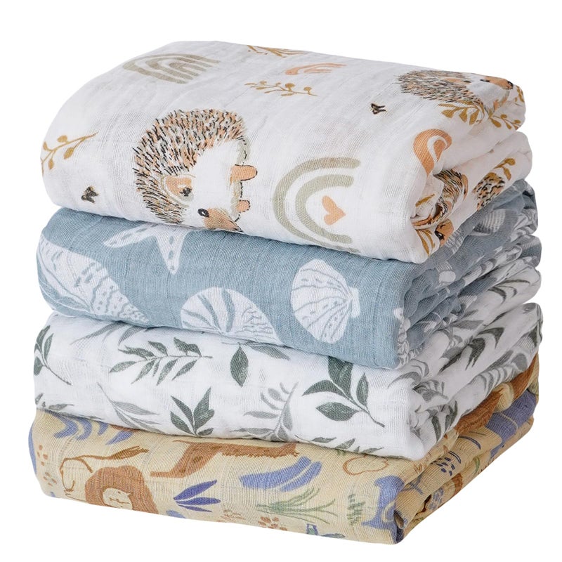 CoolaPeach 4 Set Muslin Swaddle Blankets for Newborn Baby Boys, Girls,Receiving Blankets-Cute Soft Print Baby Towel Wrap 120x110cm Baby (Animal) - Image 1