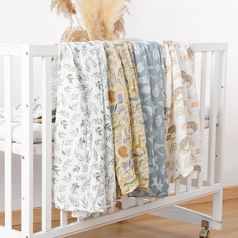 CoolaPeach 4 Set Muslin Swaddle Blankets for Newborn Baby Boys, Girls,Receiving Blankets-Cute Soft Print Baby Towel Wrap 120x110cm Baby (Animal) - Image 5