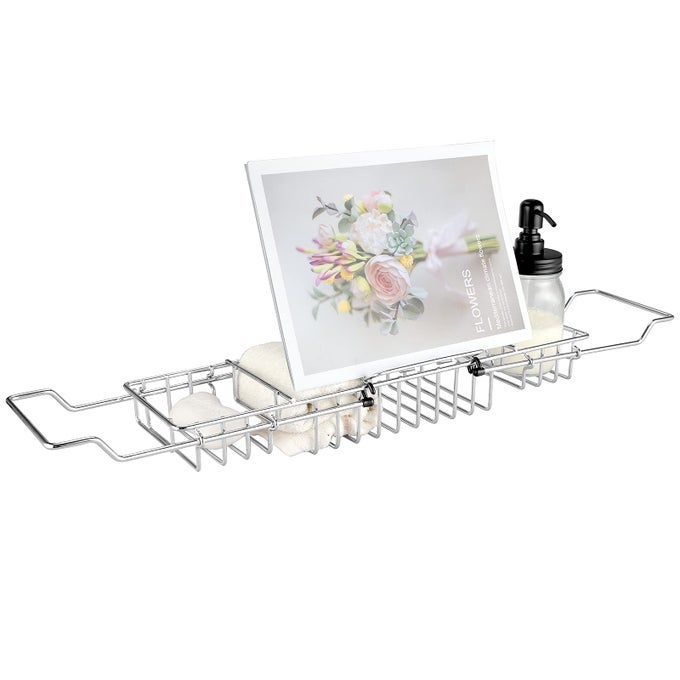 BATHTUB TRAY STAINLESS STEEL SHOWER CADDY TRAY WITH REMOVABLE BOOK HOLDER EUROPEAN STYLE EXTENDABLE BATHTUB CADDY TRAY FOR SHOWER BATH PHONE IPAD BOOK HOLDER CANDLEHOLDER TABLE SHELF SLIVER