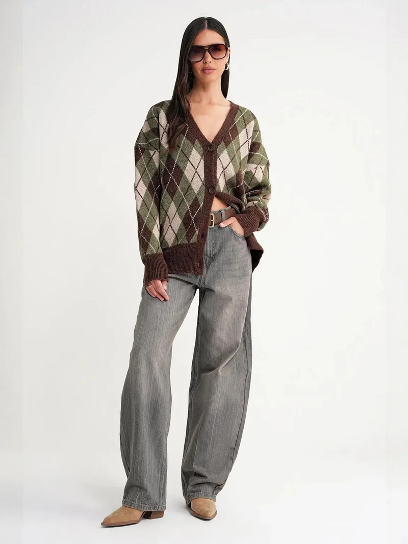 MixRay Mixray Oversize Argyle V-Neck Buttoned Cardigan