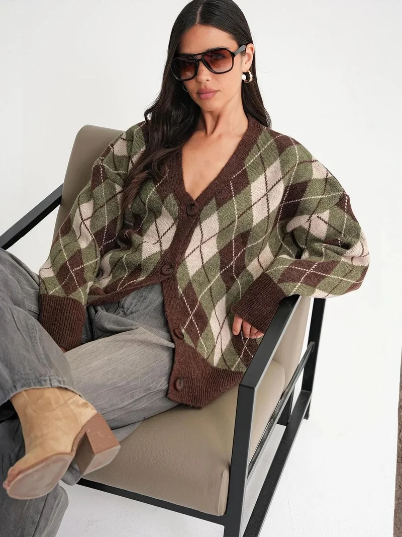 Mixray Khaki Green Mixray Oversize Argyle V-Neck Buttoned Cardigan for Women | Best Price UAE