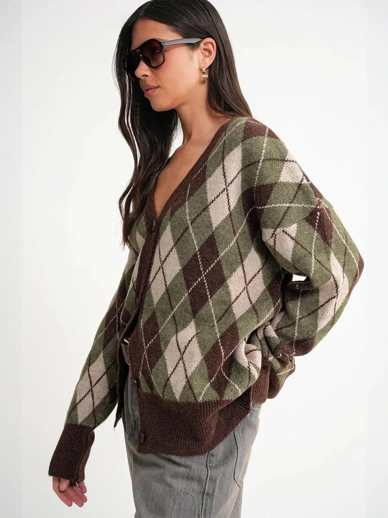 Mixray Khaki Green Mixray Oversize Argyle V-Neck Buttoned Cardigan for Women | Best Price UAE