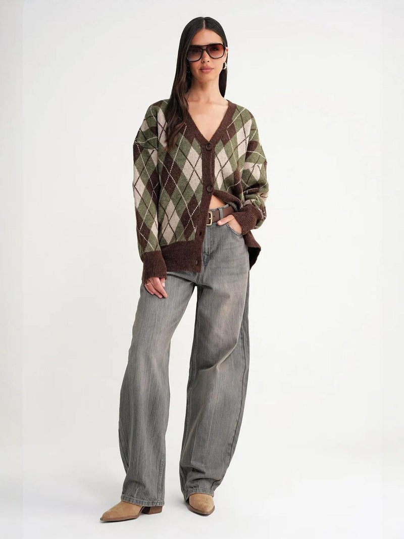 Mixray Oversize Argyle V-Neck Buttoned Cardigan - Image 2